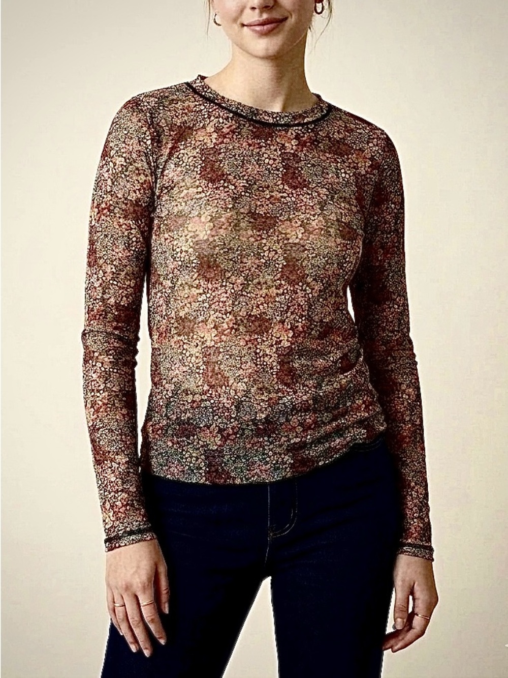 Stitch & Pine Floral Mesh Long Sleeve Top | Sheer Boho Y2K Layering | Jr Size L